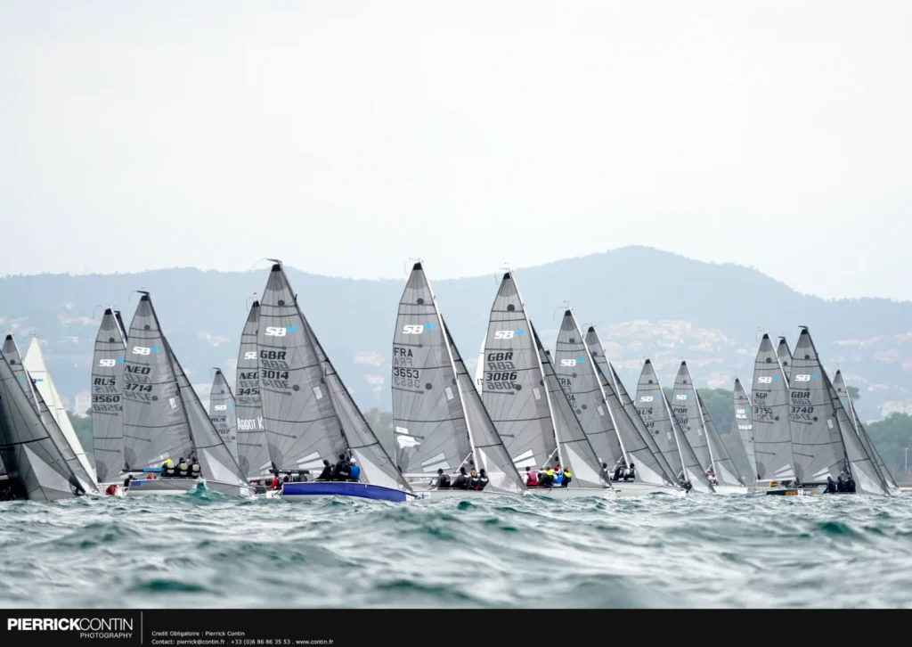 SB20 fleet lined up on the start line at the 2019 SB20 World Championship in Hyères