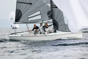 SB20 crew sailing downwind under gennaker in Hyères