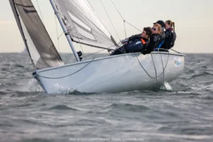 SB20 crew hiking out in strong wind at the SB20 World Championship in Hyères