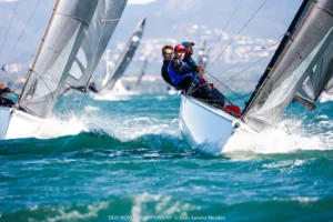 SB20 sailing fast in strong wind and waves in Hyères