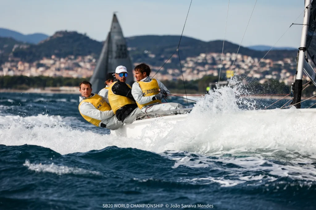 SB20 crew powering through the spray in the Mistral in Hyères