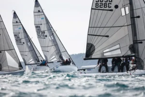 SB20s close-hauled in a tight pack off Hyères