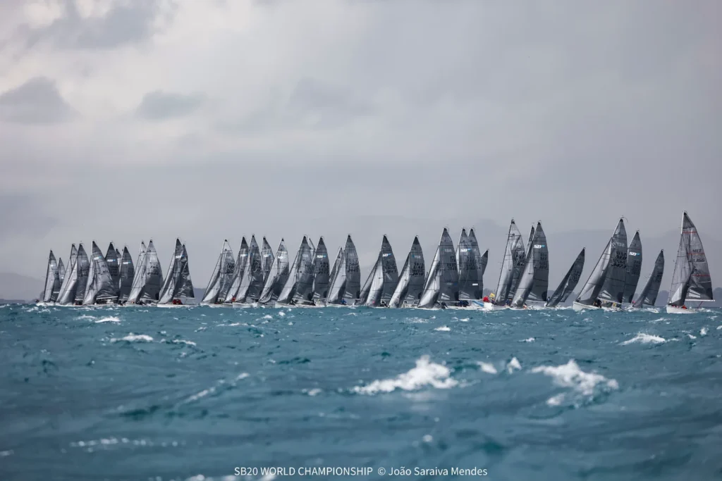 SB20 boats racing in the storm on Day 5 of the 2026 SB20 World Championship in Hyères