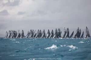 SB20 boats racing in the storm on Day 5 of the 2026 SB20 World Championship in Hyères