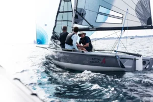 SB20 crew sailing upwind in the breeze in Hyères