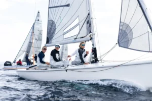 SB20 crew hiking out upwind on the practice day in Hyères