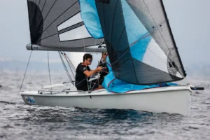 SB20 crew with a blue gennaker on the practice day in Hyères