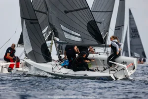 SB20 crews sailing upwind on the practice day in Hyères