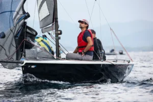 SB20 crew sailing upwind on the practice day in Hyères