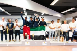 Kidzink Youth (UAE), 1st overall and 2026 SB20 World Champions, at the prize giving in Hyères